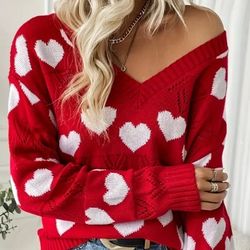 Valentine's Day Red Heart Pattern Long Sleeve Ribbed Sweater Women's size XL. Valentines Day Outfit ♥️✨️❣️