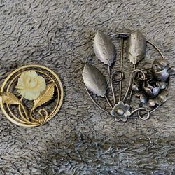 Vintage Gold Filled And Silver Floral Brooches 2 Total