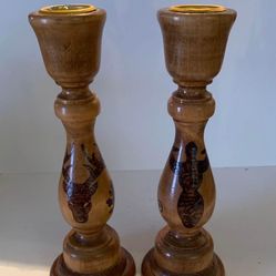 Pair of VINTAGE Wooden Candlestick Taper Holders 7" Farmhouse Bohemian Home