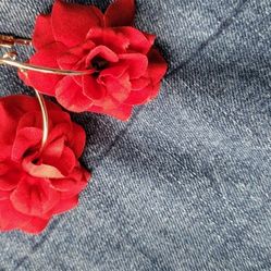 Red Rose Earrings On A Hoop