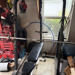 Squat Rack, Bench, and Weights
