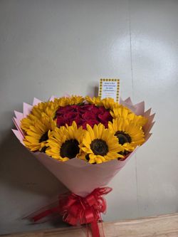 Red Roses And Sunflowers Bouquet