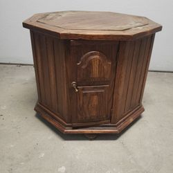 Vintage Octagon Wood Side Table with Storage Cabinet 