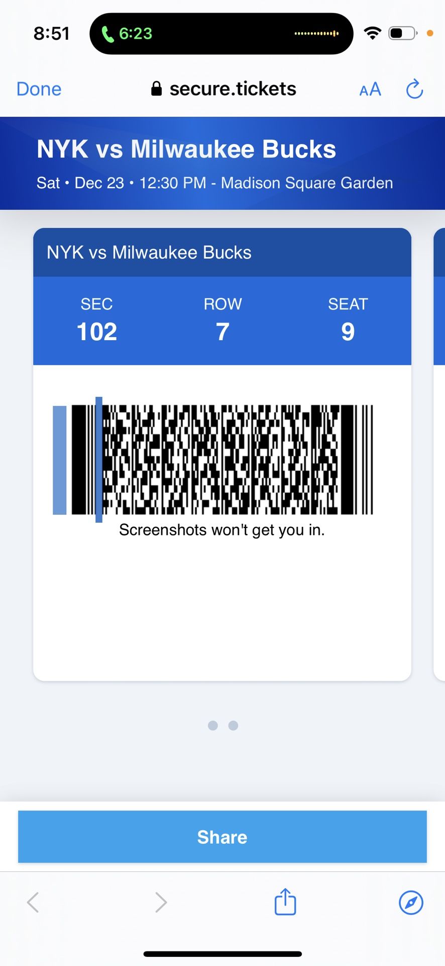 Knicks vs bucks Dec 23 Section 102 Row 7