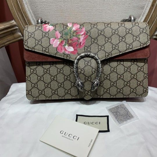 Small Gucci Blooms Supreme Floral Print Canvas Bag w/Shoulder Chain