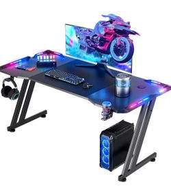 47 Inch Gaming Desk with LED Lights, Large RGB Computer Gaming Desk Table, Ergonomic Modern Carbon Fiber Mesa Gamer Pc Work Home Office Desks, Black