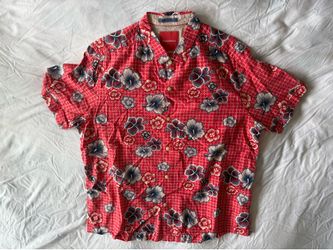 Tommy Bahama Island Modern Fit Hawaiian Shirt XL Red Blue Floral Silk Blend