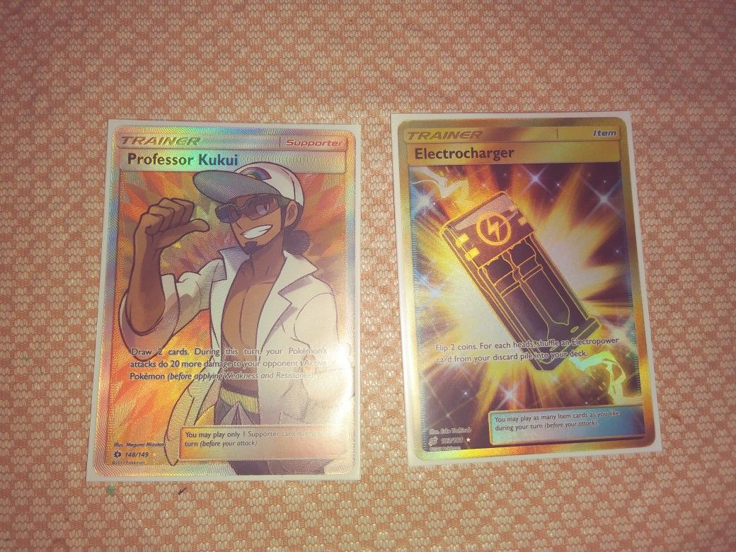 Professor Kukui full art Trainar card and a Electorcharger gold card