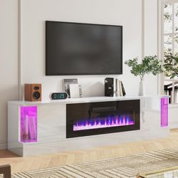 (No Fireplace) TV Stand with 36" Electric Fireplace, 70" Modern High-Gloss TV Cabinet for Living Room, with Flip-Down Doors for TVs up to 70", White