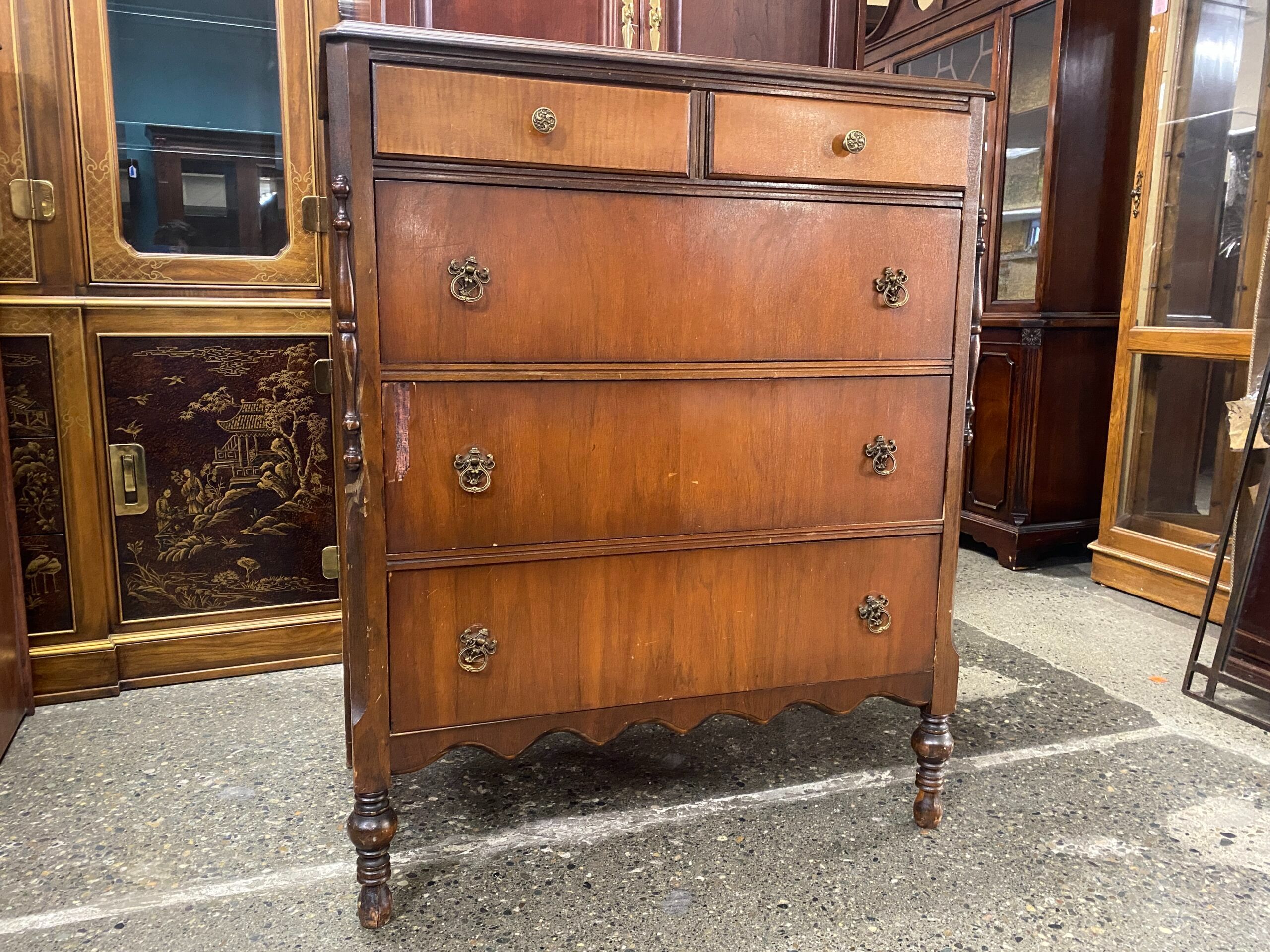 Vintage Brown Wood 5-Drawer Tall Dresser