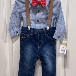 Cat & Jack Candy Cane Shirt, Red Bow Tie, Suspenders & Jeans Set. Size 3-6M. NWT