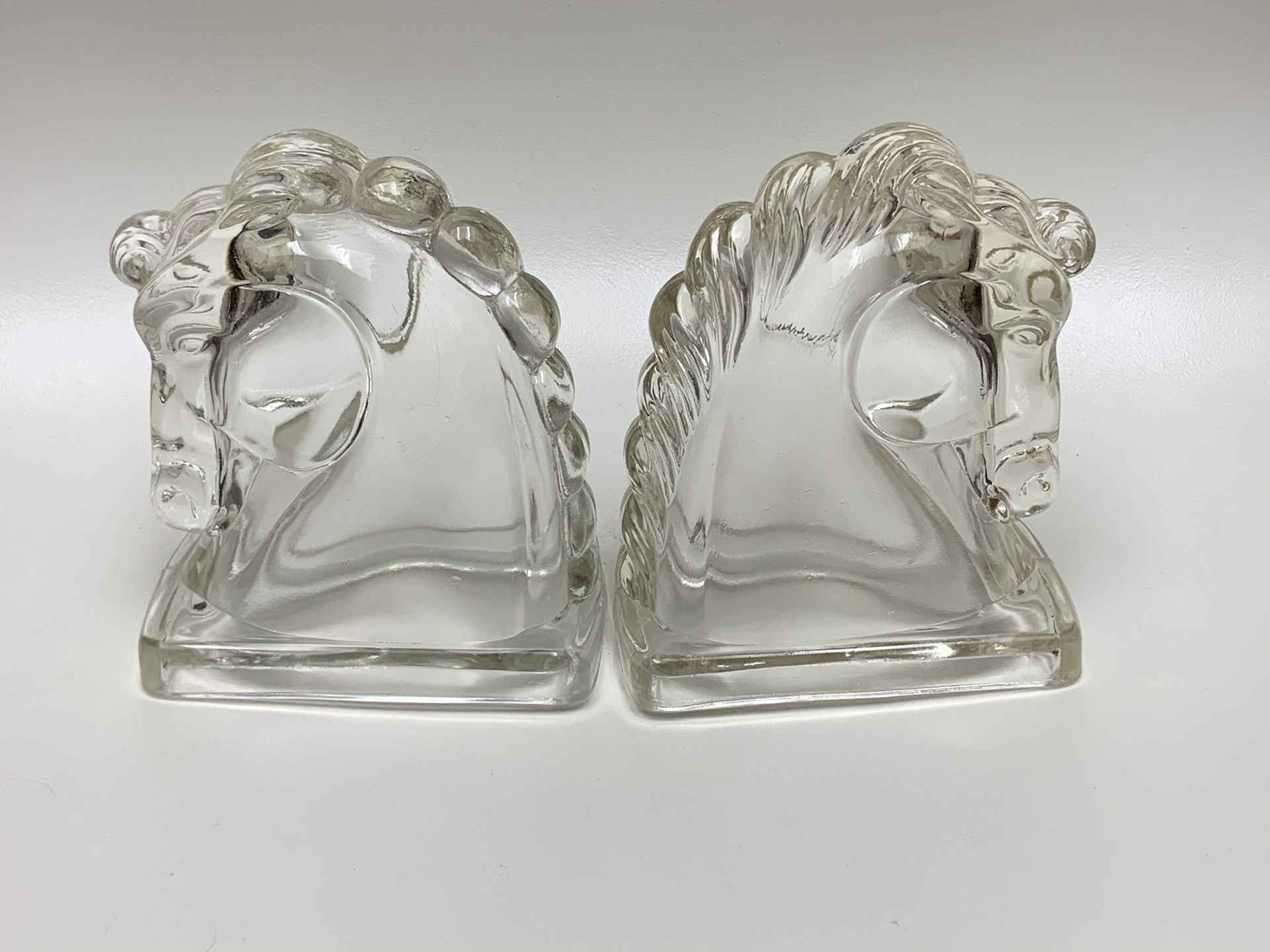 Vintage Art Deco Federal Pressed Clear Glass Horse Head Bookends