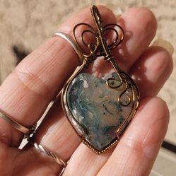 Moss Agate Heart Pendant In Vintage Bronze Wire 
