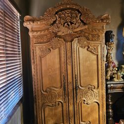 Gorgeous Antique  Hand Carved Solid Wood Armoire, Excellent Condition for its Age, Wedding Armoire!