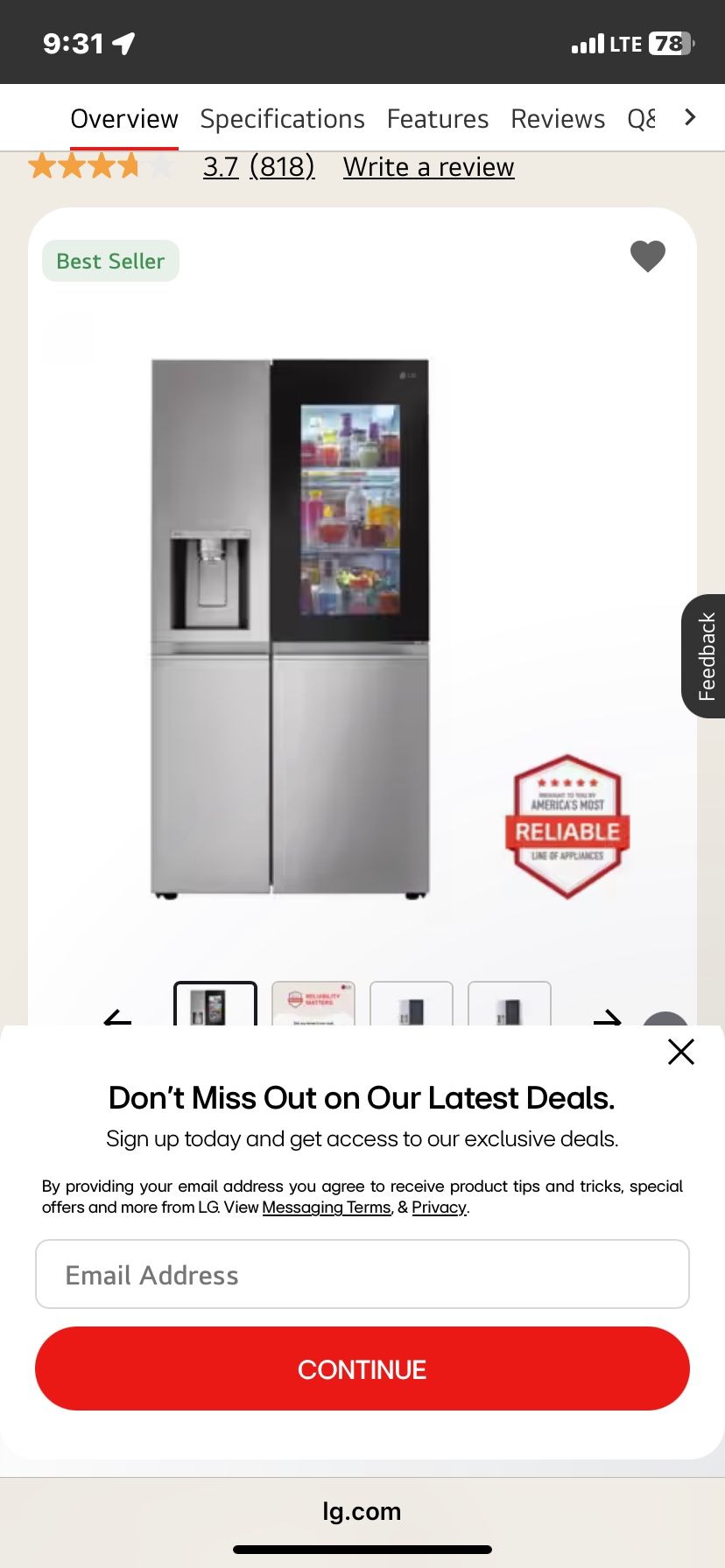 LG Thinq Side By Side Tap Screen Refrigerator