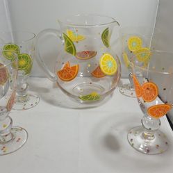 Laurie Gates Pitcher & 4 Glasses - Slice Pattern W/ Polka Dots