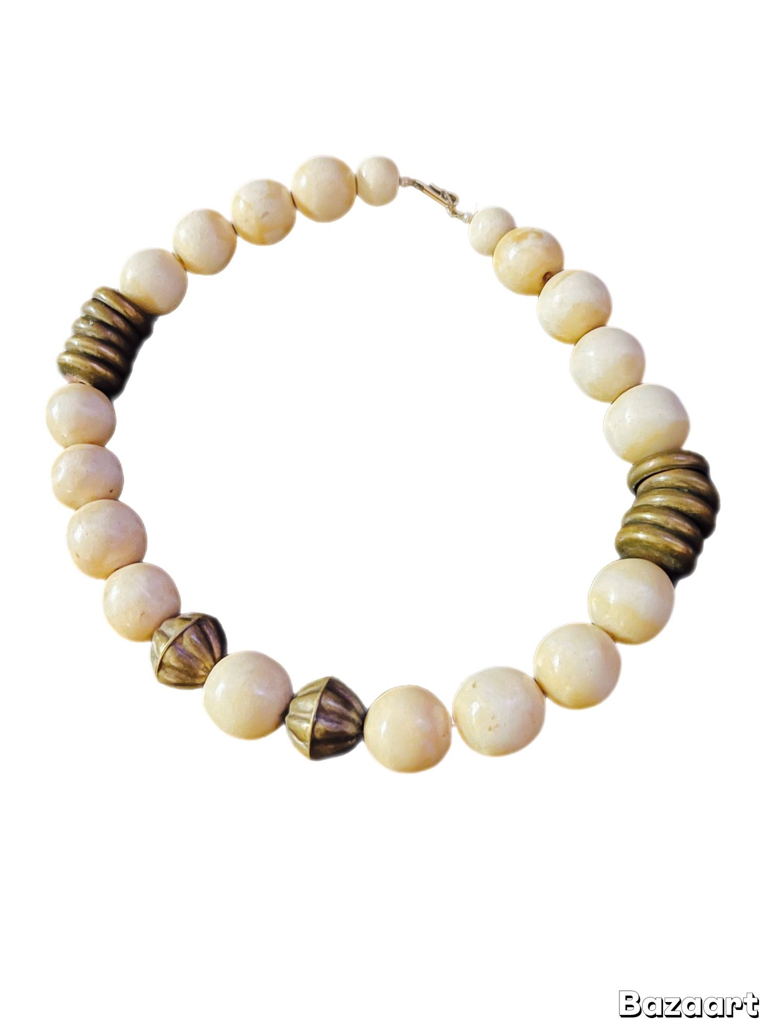 Statement Choker Necklace with Creamy Beads and Brass Accents