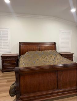 King Sleigh Bed Frame with Two Nightstands dresser and mirror