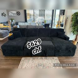 Black Corduroy Double Chaise Sectional Sleeper Sofa With Pull Out Bed  // Christmas Sale ! 