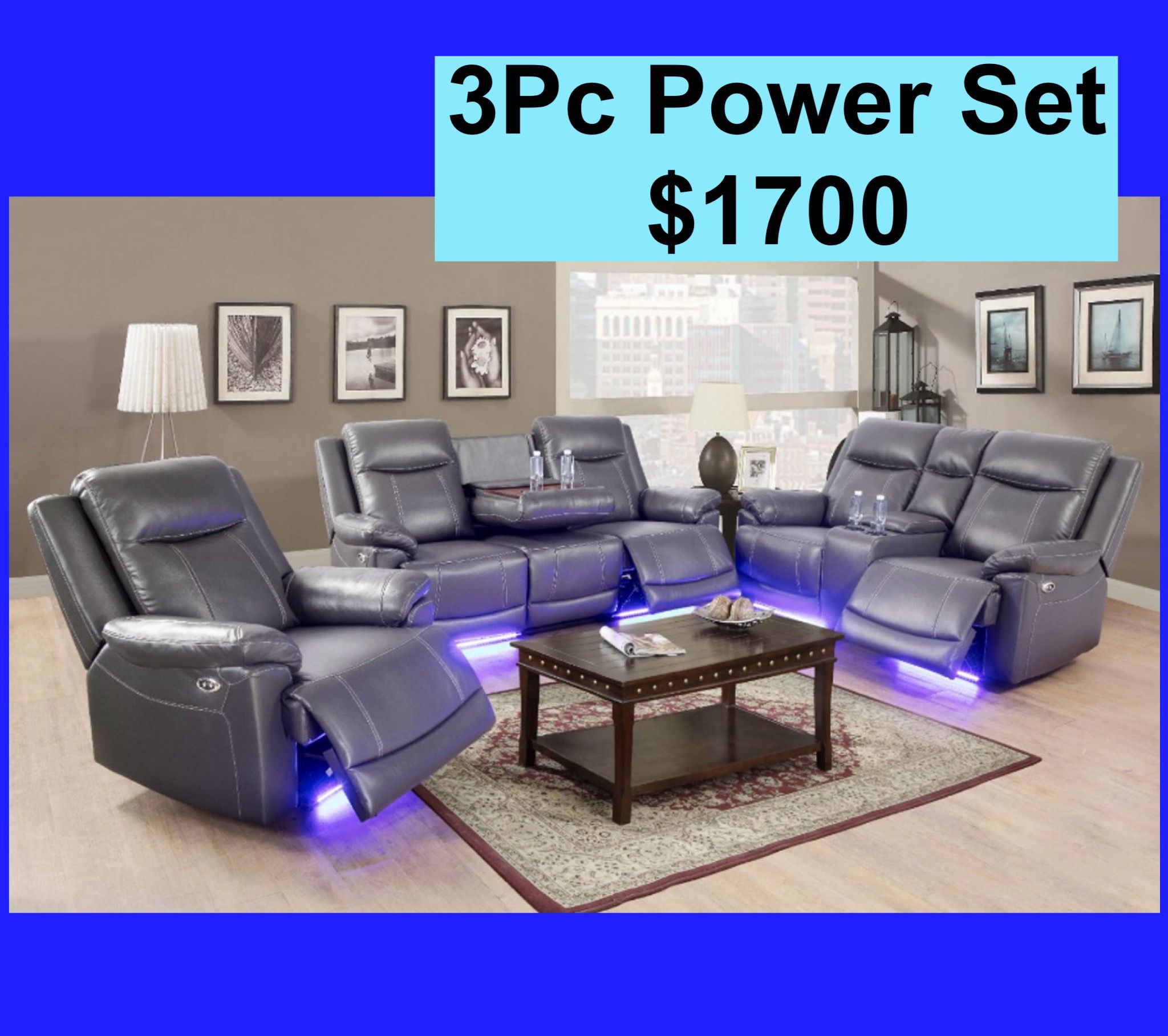 💥FREE DELIVERY💥Brand New POWER, LED, USB  3PC Reclining Sofa Loveseat Chair Set 