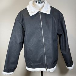 Black And White Sherpa Style Fleece Jacket Full Zipper 2 Pockets And Collar Mens