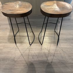 Set of 2 Modern Round Side Tables – Wood Top & Black Metal Base