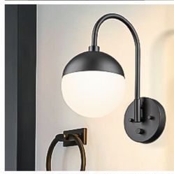 LMS Modern Wall Lamp with White Globe Glass, Gold Wall Sconce Wall Light with Brushed Brass Finished for Bedroom Bathroom Living Room, Dimmable Switch