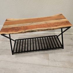 Live Edge Wood Bench With Metal Shelf