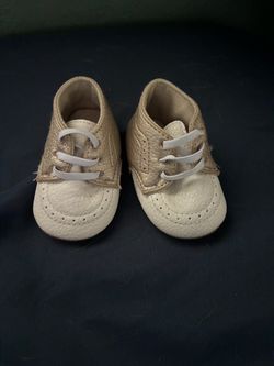 Baby Crib Shoes – Size 1 – Two-Tone Saddle Shoes, Cream & Gold – Soft Sole