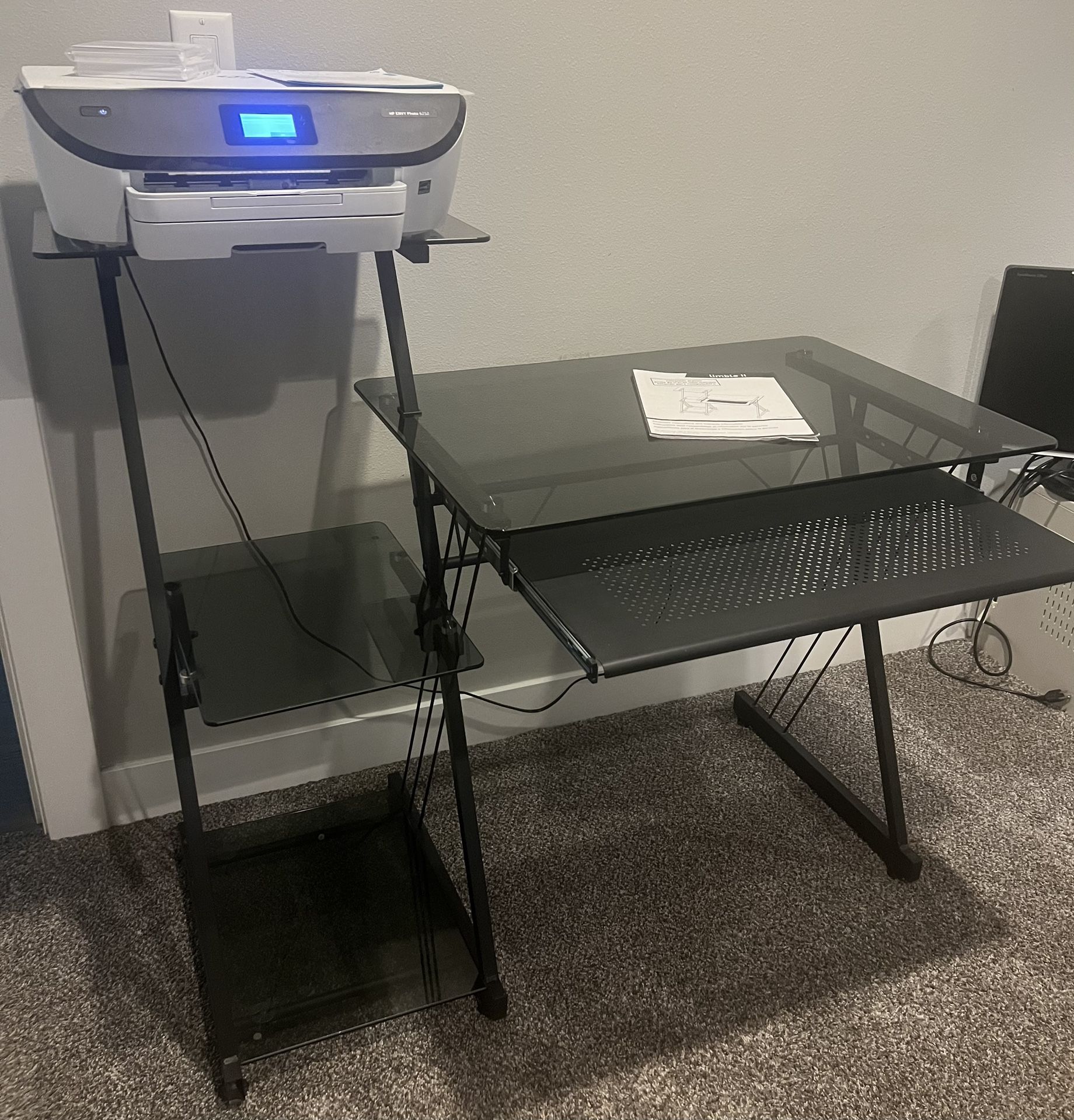 DESK, PRINTER, AND BOOK CASE