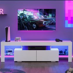 Modern LED TV Stand for Televisions up to 70 Inch with Glass Shelves and Drawer, Gaming Entertainment Center with Multiple Dynamic RGB Modes,