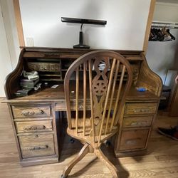 Vintage American Oak roll top desk with chair.  Located in Garden Grove 