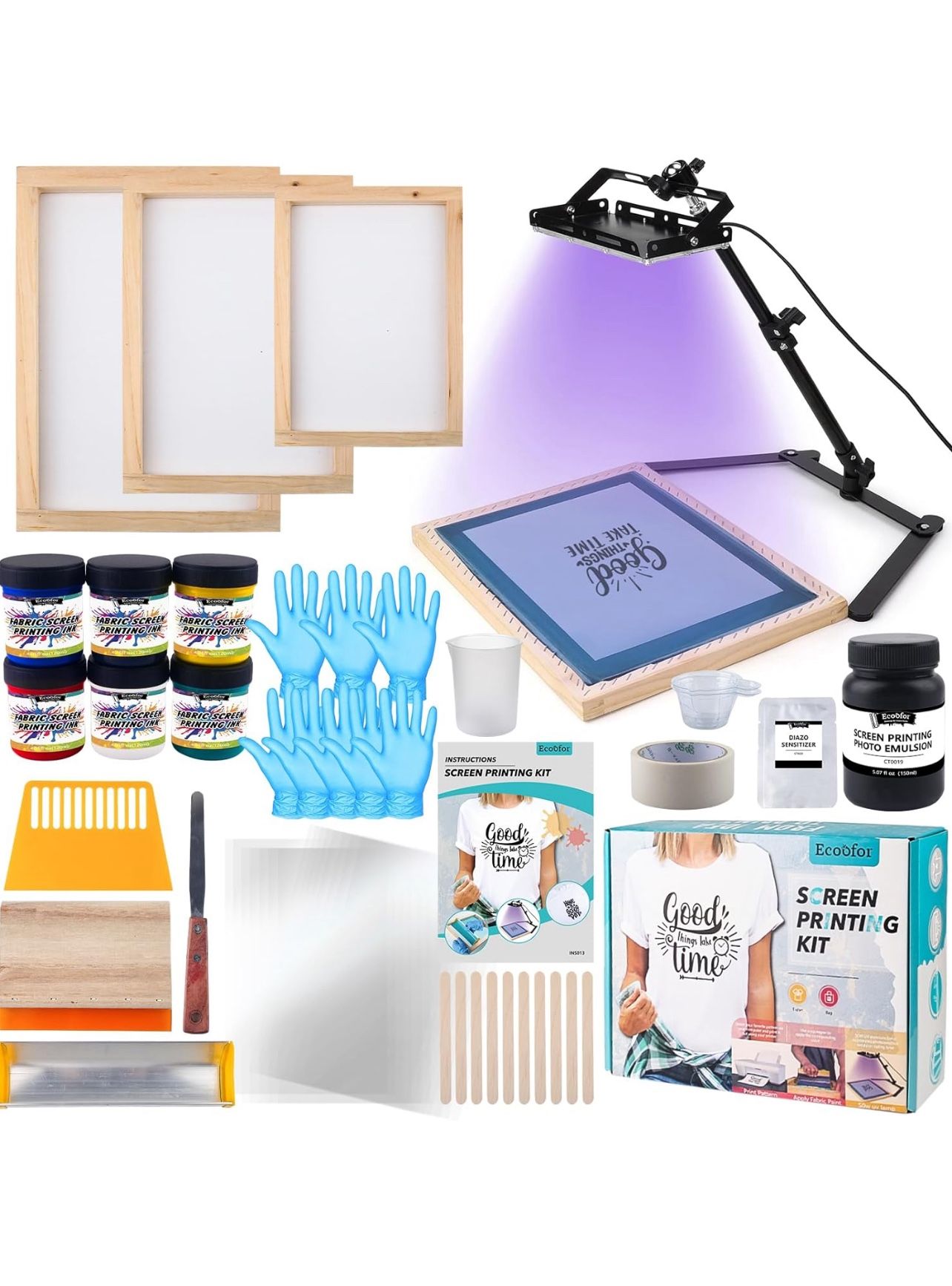 Brandnew Screen Printing Kit – 53pcs All-in-One Set with 50W UV Exposure Lamp,3 Size Wood Screen Printing Frames, 6 Colors Screen Printing Ink, 15 A4 