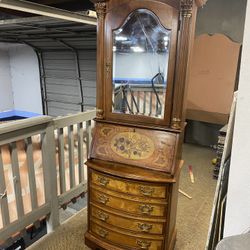 Vintage Burled Secretary Desk With Mirrored Cabinet