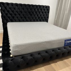King Size Bed Frame Mattress Included   🔥  Black Velvet  Upholstery Bed Frame   🔥  Bonita Cama King Size Color Negra  Colchon Incluido