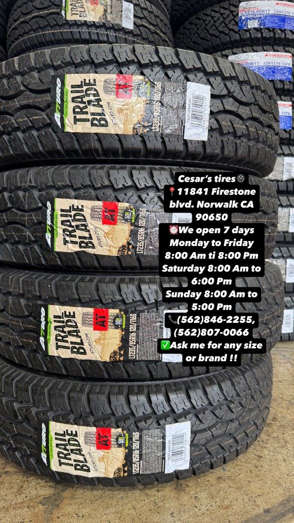LT235/85R16 ATURO AT A SET OF FOUR NEW TIRES, INCLUDES MOUNTING AND BALANCING WITH WARRANTY, ASK ME FOR ANY SIZE OR BRAND, WE HAVE THE BEST PRICES!!