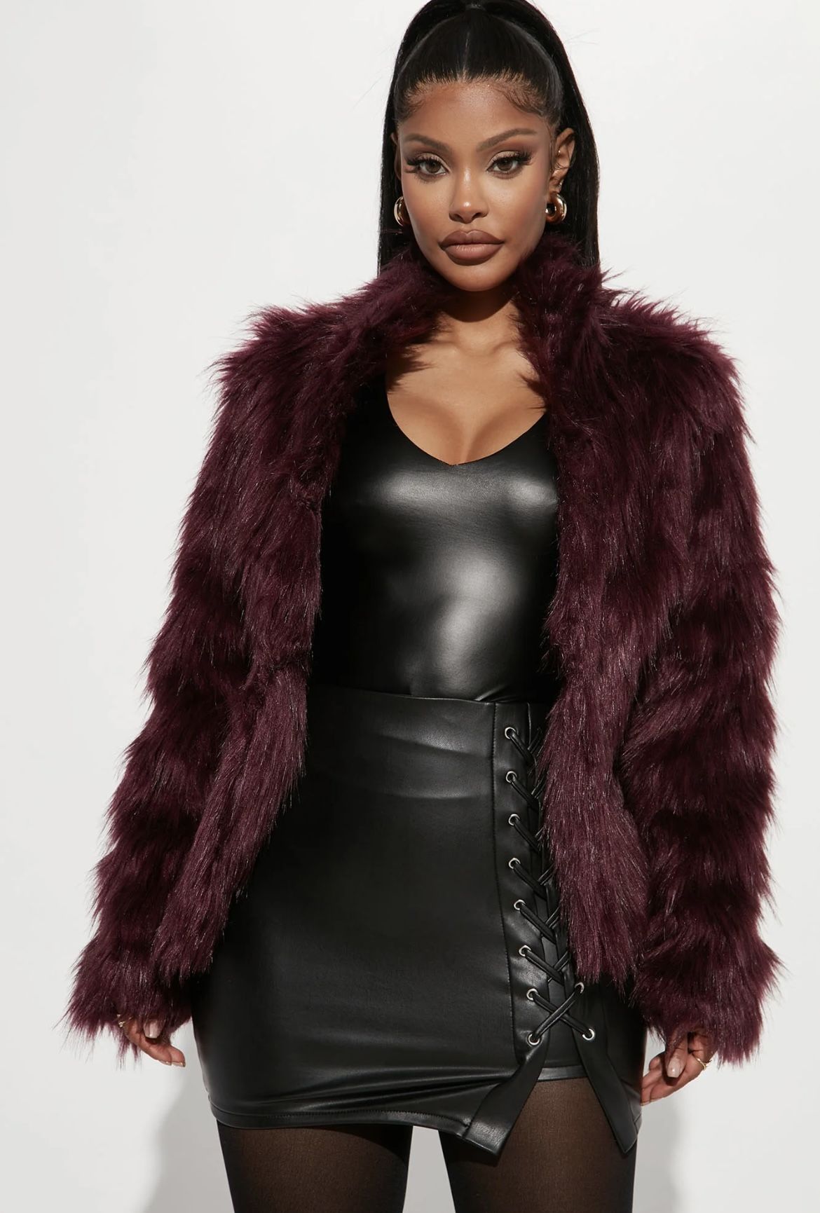 Fashion Nova- Burgundy Fur Coat Size L