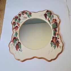 Scalloped Edge Hand Painted Wooden Wall Hanging Art Mirror Birds, Grapes 13x15