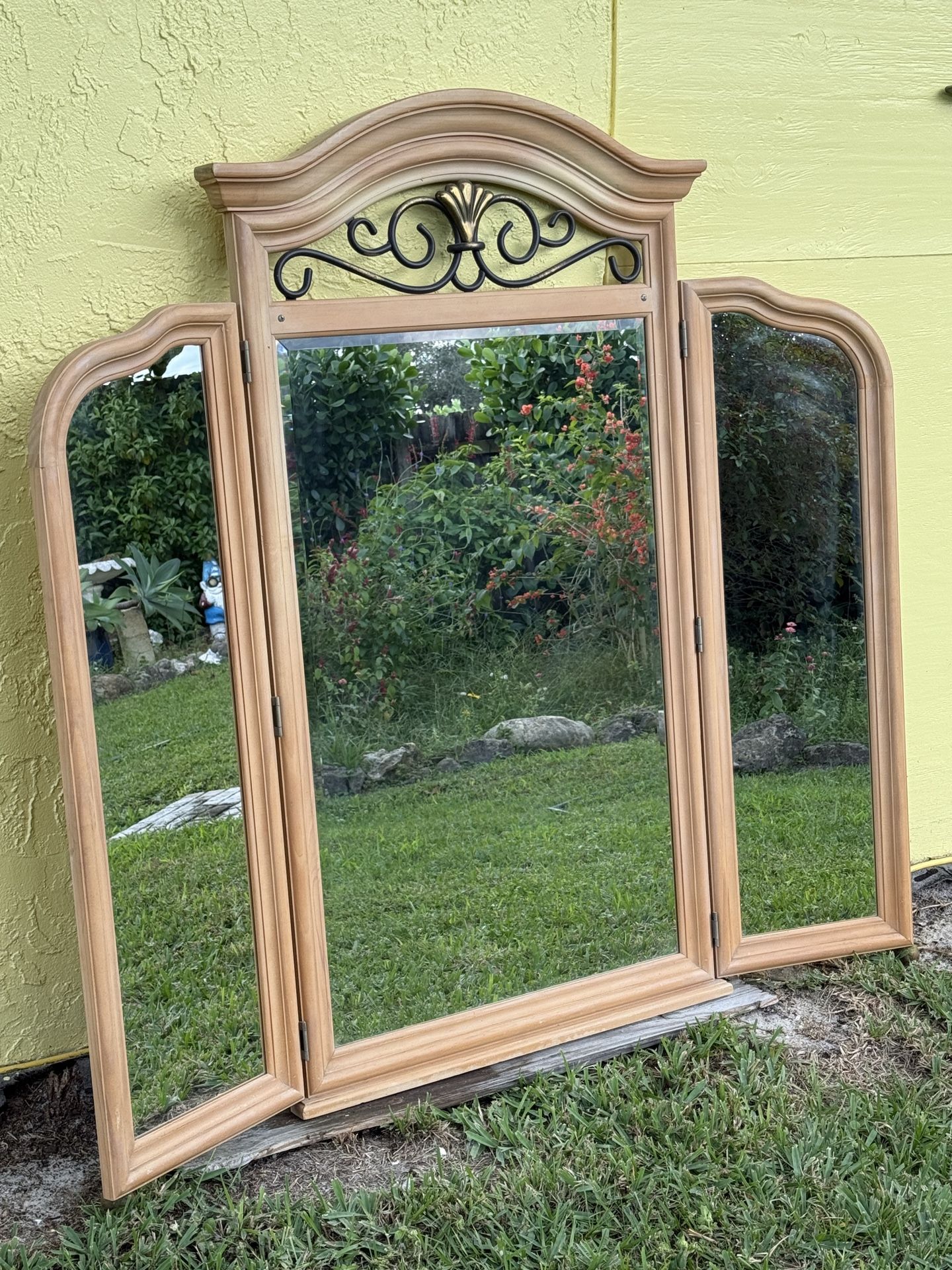 Blonde Wood Tri-Fold Dresser Mirror