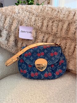 Monogram denim shoulder bag with cherries