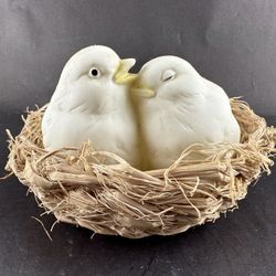 Vintage Dept 56 Bisque Snuggling Mini Lovebirds in Nest—Cottage Core