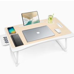 Amaredom Laptop Bed Desk Tray Bed Table, Foldable Portable Lap Desk with Storage Drawer and Cup Holder for Eating Breakfast on Bed/Couch/Sofa-White Oa