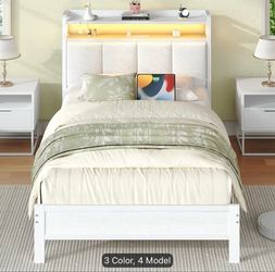 White Platform Bed Frame with LED Headboard Storage