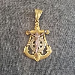 Nautical Crucifix Jesus 14k Gold Pendant. Estate Jewelry Made In Italy