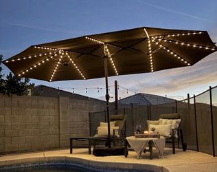 PURPLE LEAF Patio Market Umbrella 15ft with Solar LED and Base Taupe Fillable Base, Stays Grounded, 12 LED Ribs, Warm Evening Glow, 12 Heavy-Duty Ribs