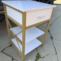 White Gold Nightstand Bed Side Table with Single Drawer, Night Stand for Bedroom, 3-Tier Storage End Table, for Living Room