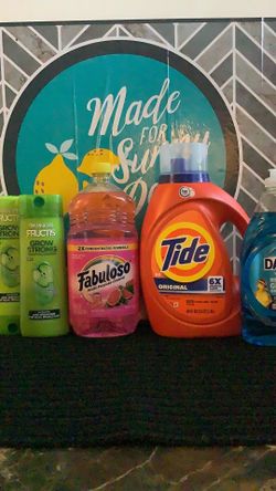 1-Detergent 80oz 1-Dawn dish soap 1-fabulous 1-Shampoo 1-Conditioner All for $25