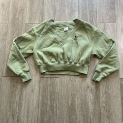 Nike Sportswear Phoenix Olive Green Fleece Cropped Womens V-Neck Sweater XS 