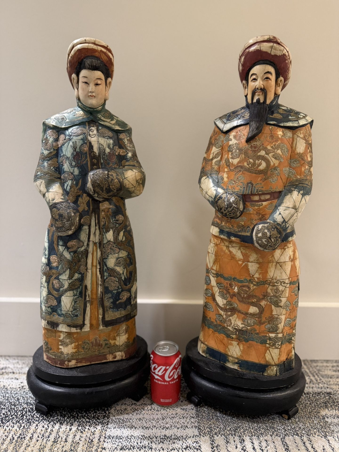 Large Antique Chinese Carved Bone Emperor and Empress Statues Asian Oriental