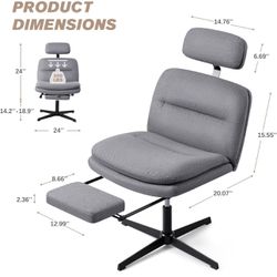 Desk Chair Comfy with Footrest & Headrest, Criss Cross Legged Office Chairs No Wheels, Fabric Modern Armless Swivel Adjustable Vanity Chair